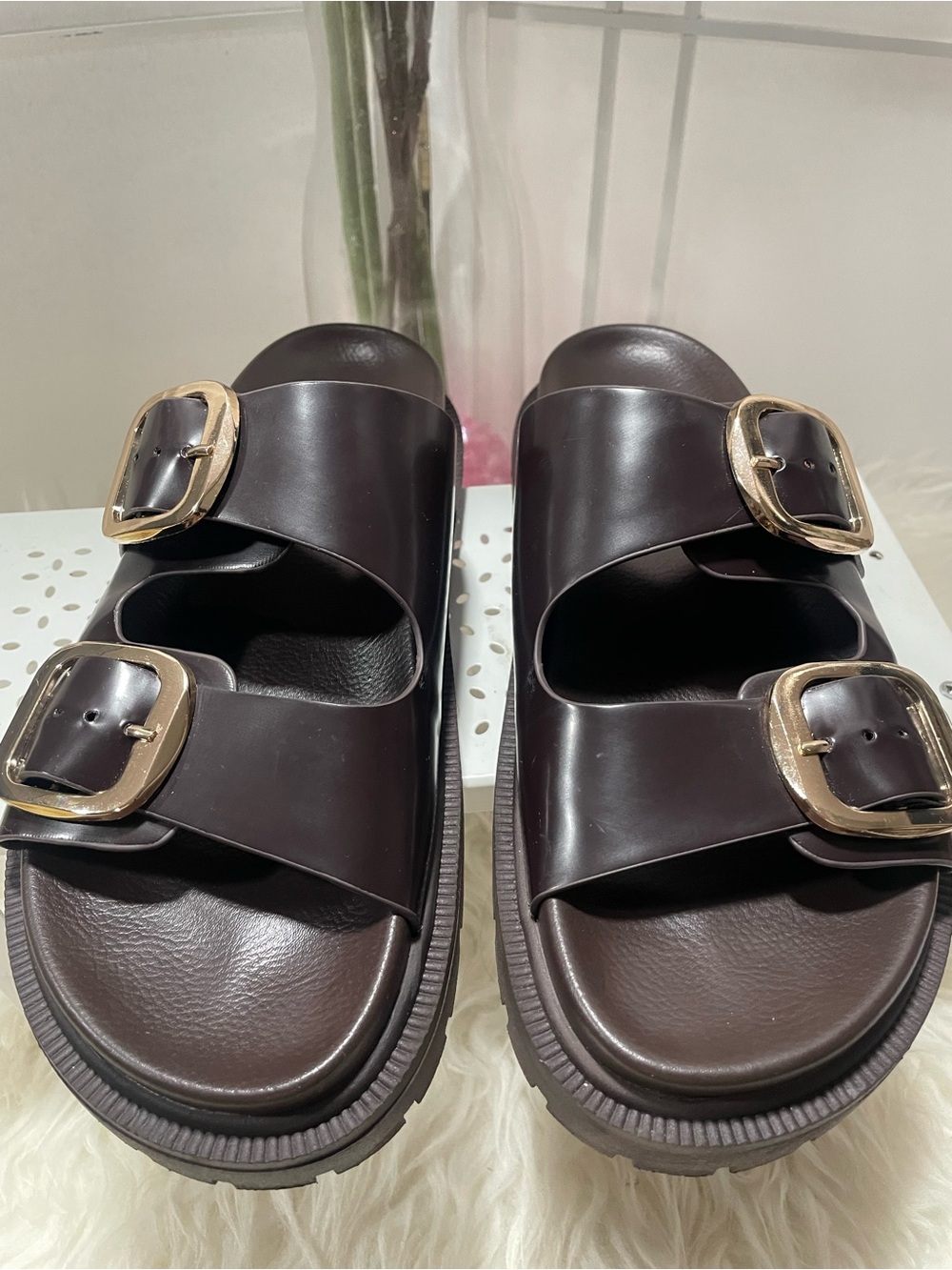New! MIA Gen Double Buckle Slides, Women's Sandal Brown Coffee Size 8